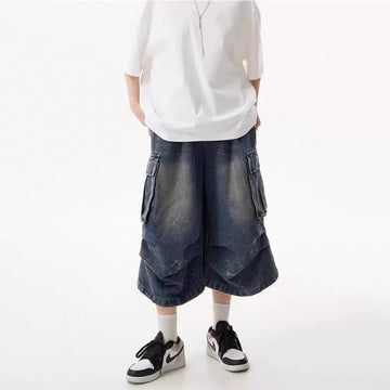 AIDASE  -  Summer Men's Multi-Pocket Solid Color Seven-Point Jeans American Retro Fashion Trend Street Hip-Hop Casual Loose Men's Bottoms aidase-shop
